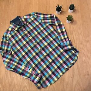 Stone Rose Men's Long-sleeve Button-up Shirt Blue / Yellow / Pink Check Pattern